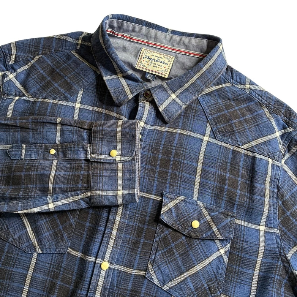 Flag & Anthem Shirt Men's XXL Blue Plaid Pearl Snap Flannel Western Cowboy‎